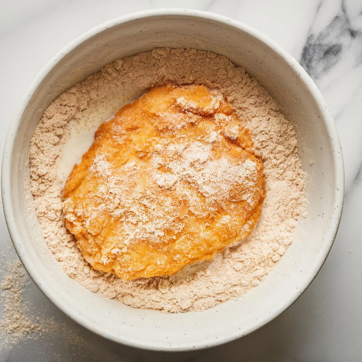 A home cook dredging cube steak in seasoned flour, preparing it for frying. Light flour dusting on the counter adds a homemade touch.