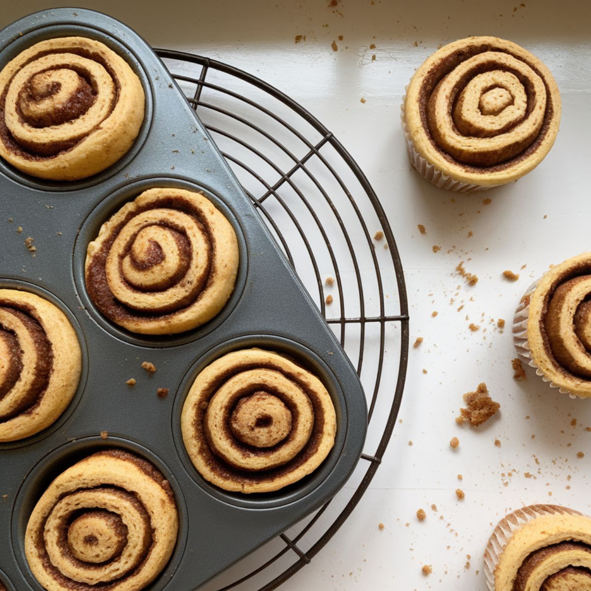 Warm cinnamon roll muffins cooling in a muffin tin, golden brown with visible swirls.