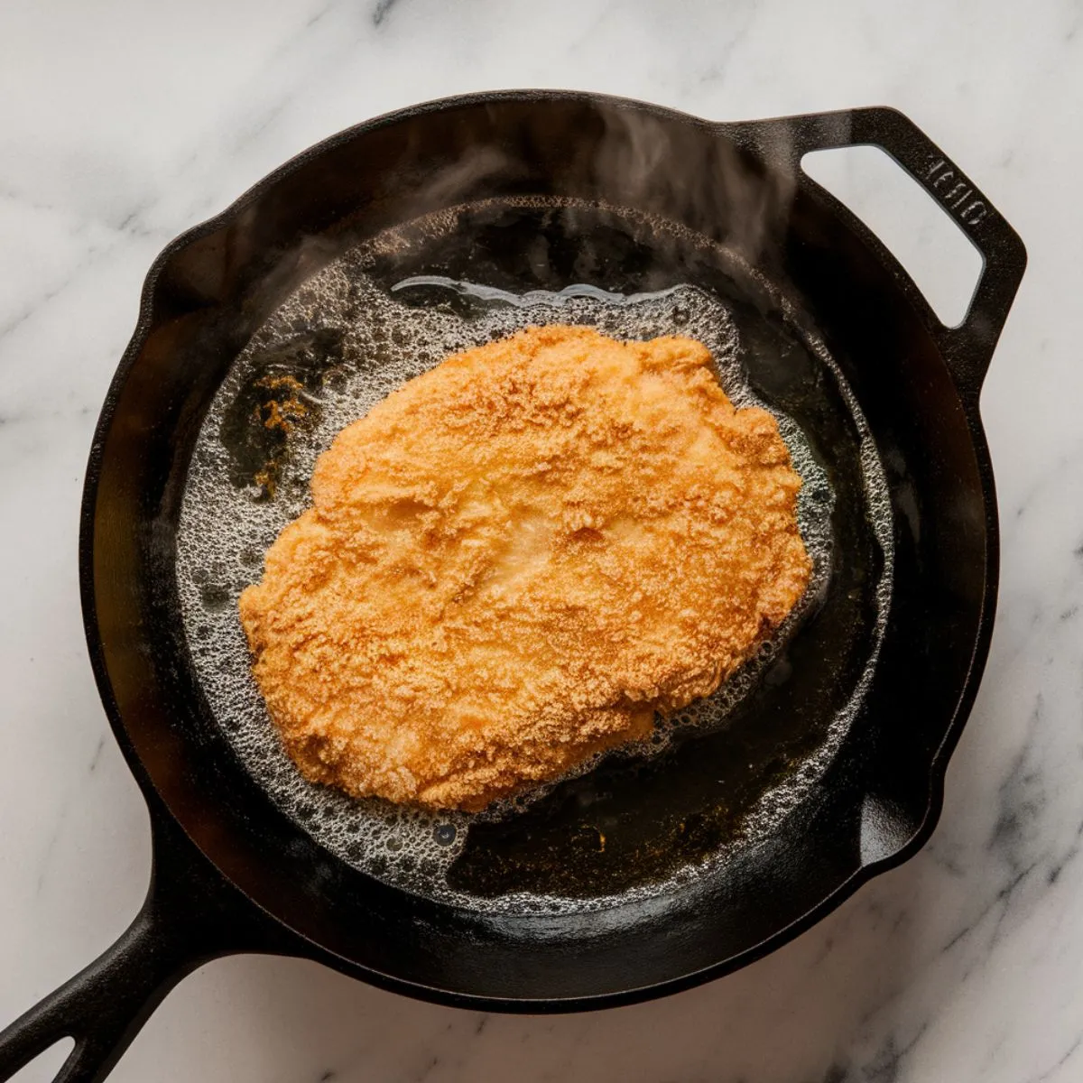 Chicken fried steak sizzling in a cast-iron skillet with bubbling oil. Golden breading is crisping up, showing the frying process.