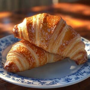 Two golden-brown Gipfeli with crisp, flaky layers stacked on a blue and white floral plate. Natural light highlights their glossy texture, resting on a wooden table