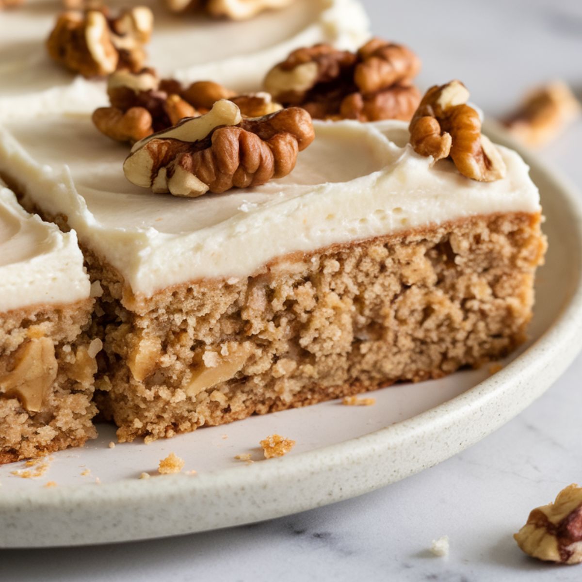 Moist gluten free banana cake topped with creamy frosting and crunchy walnuts, served on a rustic plate."