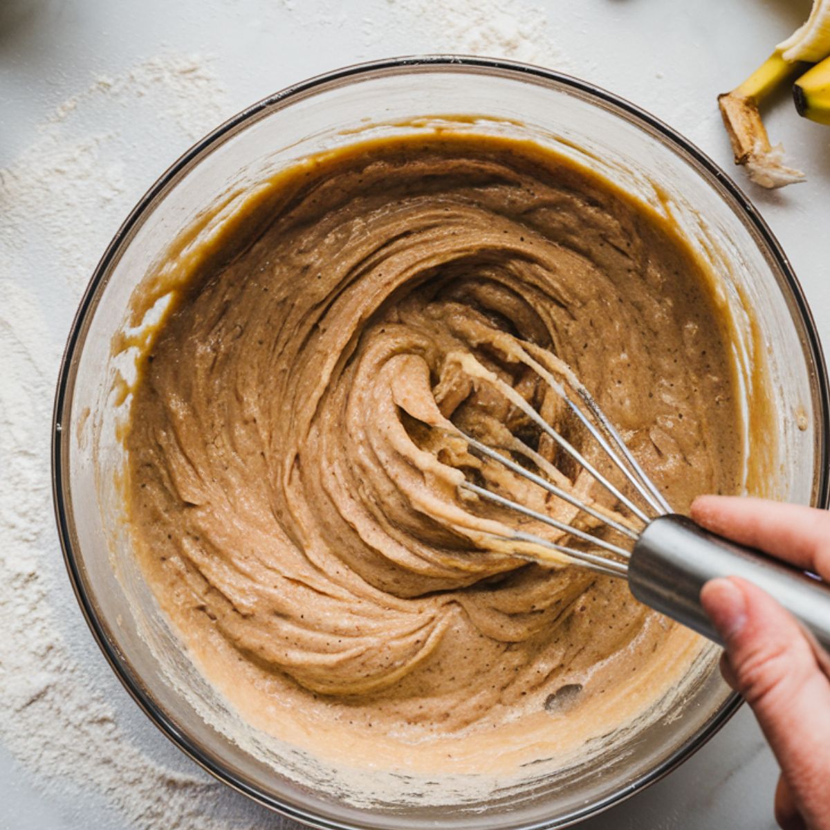 A mixing bowl filled with thick gluten-free banana cake batter, being whisked by hand on a slightly messy kitchen counter.