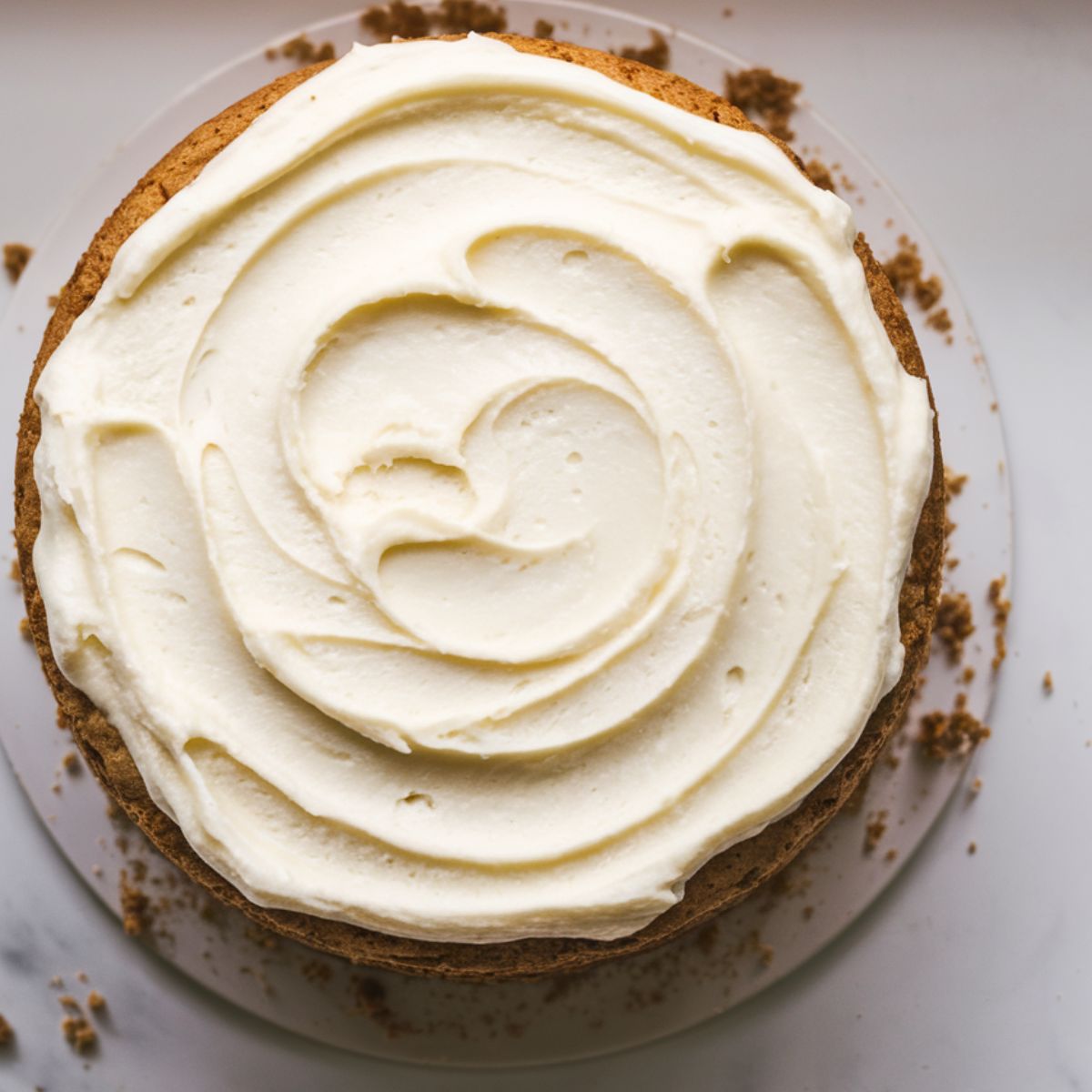 A rustic homemade gluten-free banana cake frosted with cream cheese frosting, slightly messy with visible crumbs around the edges.