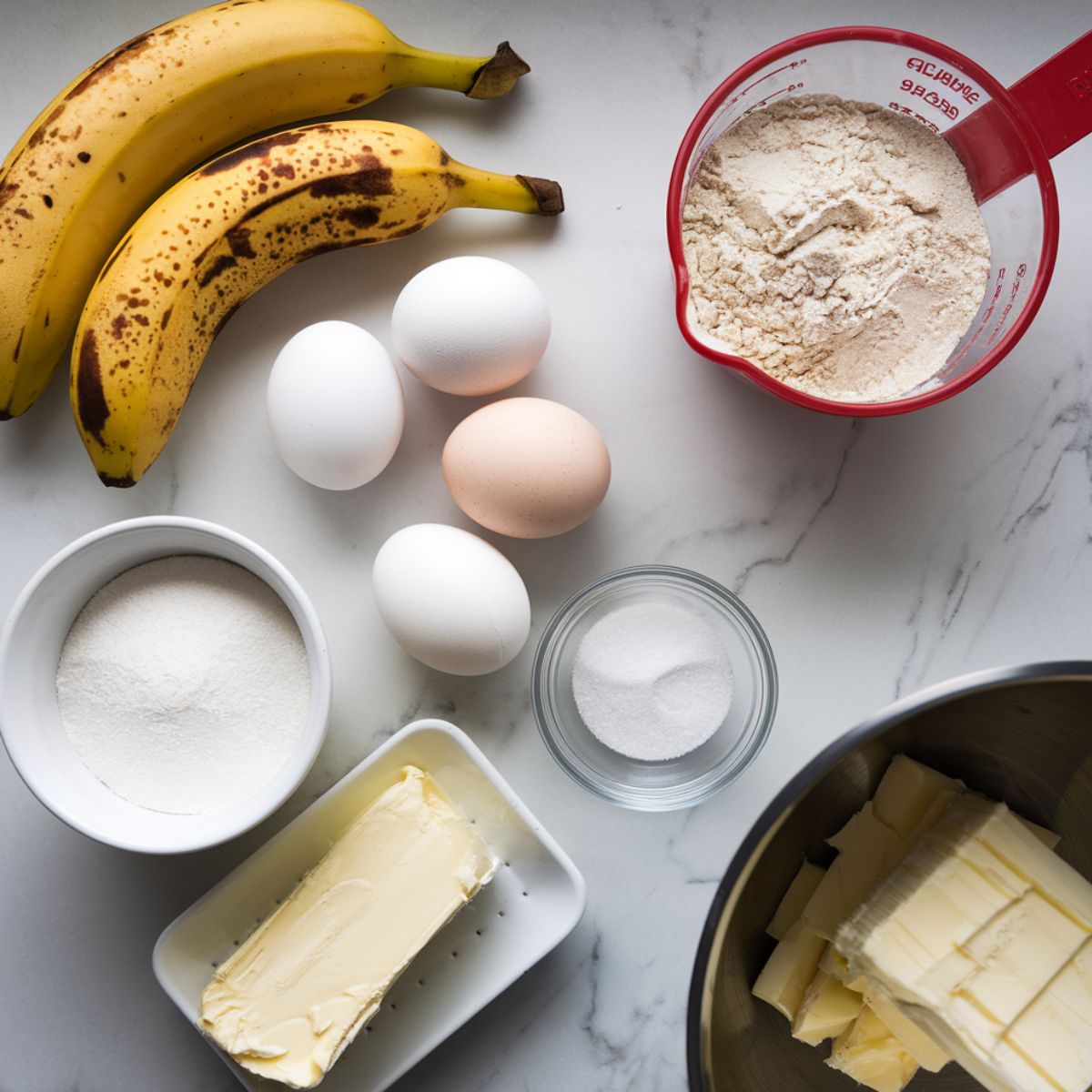 Ingredients for a gluten free banana cake, including ripe bananas, gluten-free flour, eggs, and sugar, casually arranged on a white marble kitchen counter