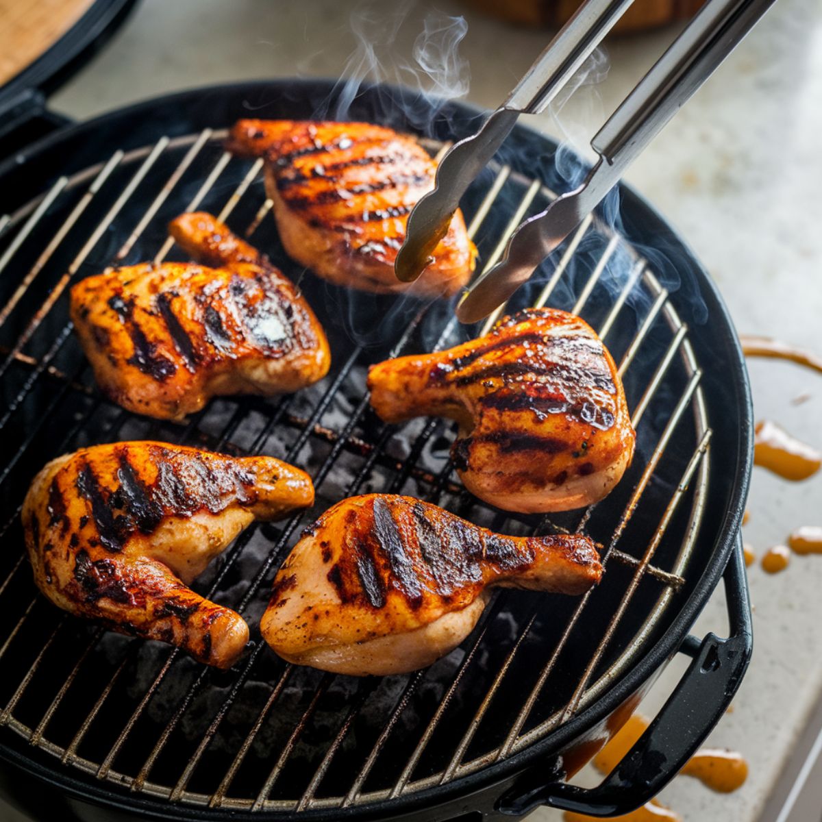 Peri peri chicken sizzling on a grill with charred edges, flipped with tongs over an open flame.