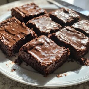 A plate of freshly cut, fudgy lunch lady brownies with glossy frosting, sitting on a white kitchen counter.