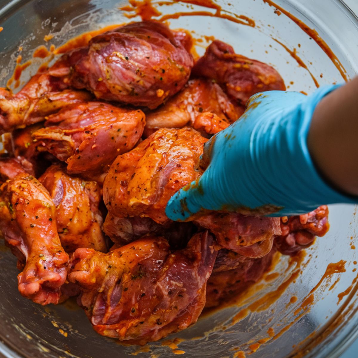 Raw chicken coated in a rich peri peri marinade in a glass bowl, with a hand mixing it for even seasoning.