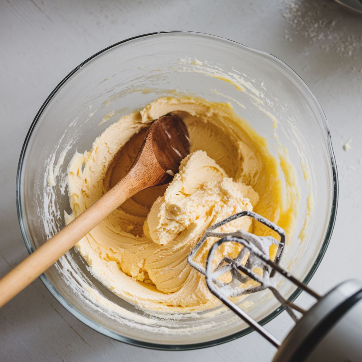 A mixing bowl with creamed butter and sugar, showing a fluffy texture, with a wooden spoon resting nearby.