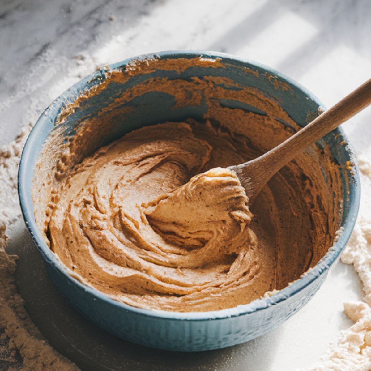 Mixing the rum cake batter in a white marble kitchen counter, with flour and sugar scattered on the counter.