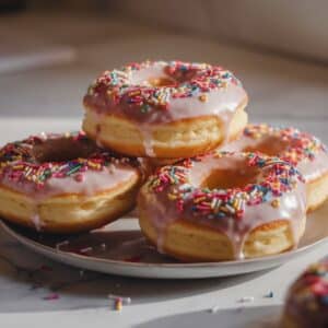 Four homemade pancake donuts with white glaze and colorful sprinkles on a white plate, with a few sprinkles scattered around.