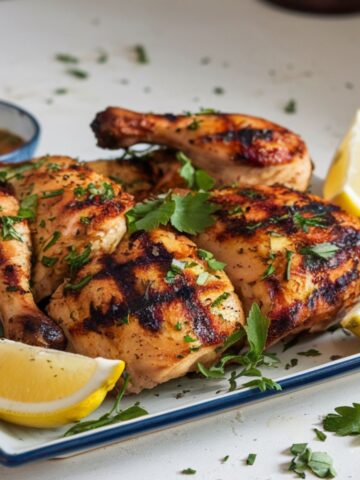 Grilled peri peri chicken on a white plate with lemon wedges and a bowl of sauce, taken from above on a white kitchen counter.