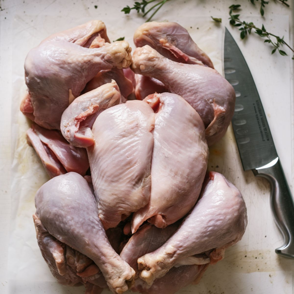 Whole spatchcocked chicken, bone-in thighs, boneless thighs, and mixed pieces on a kitchen counter, ready for cooking.