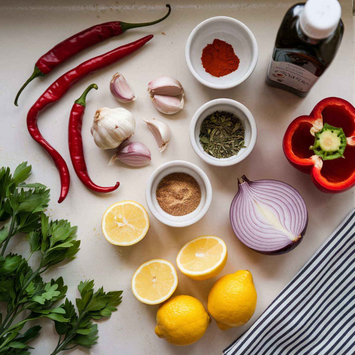 peri peri chicken ingredients including fresh chilies, garlic, onion, lemon, and spices on a kitchen counter, ready to make peri peri marinade.