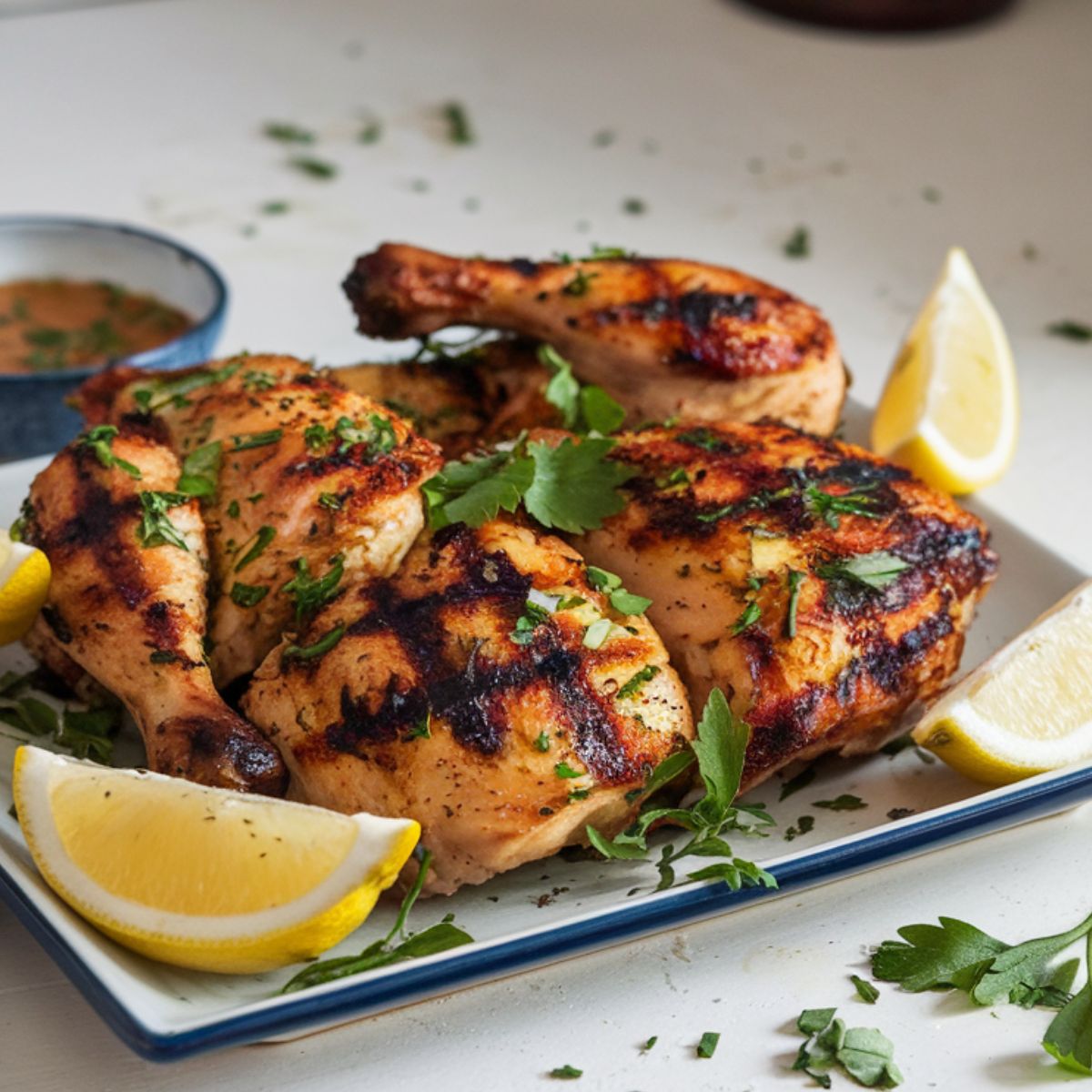 Grilled peri peri chicken on a white plate with lemon wedges and a bowl of sauce, taken from above on a white kitchen counter.