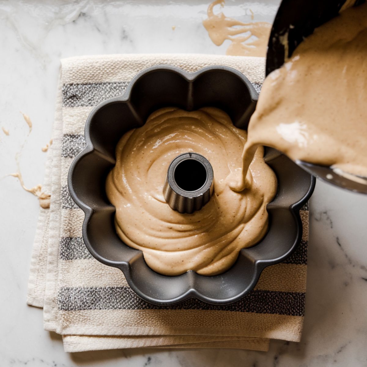 Pouring rum cake batter into a Bundt pan, over a messy white marble kitchen counter.