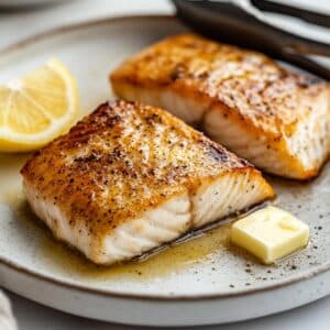 Golden-brown air fryer mahi mahi fillets resting on a plate with a lemon wedge and a pat of melted butter.