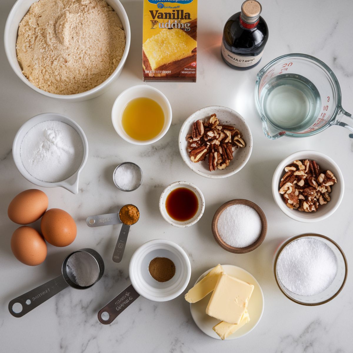 Ingredients for rum cake including dark rum, eggs, and flour, scattered on a white marble kitchen counter.