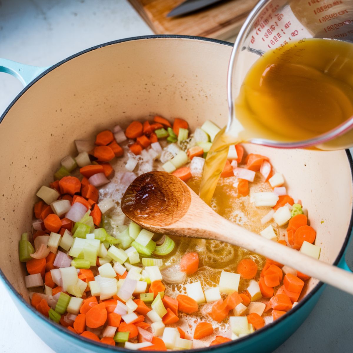 Sautéed onions, carrots, and celery in a Dutch oven with broth being poured in, creating a rich base for Bisquick chicken and dumplings.