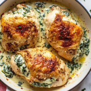 Three golden, stuffed chicken breasts in a white plate with creamy spinach filling underneath. Overhead shot with a homemade, glossy, and mouthwatering look.
