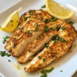Crispy, golden-brown air-fried thin sliced chicken breast on a plate with lemon wedges and fresh herbs, placed on a home kitchen counter.