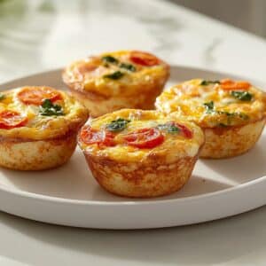 Four homemade breakfast egg muffins with tomato and spinach on a white plate. Bright kitchen lighting highlights the golden, fluffy texture.