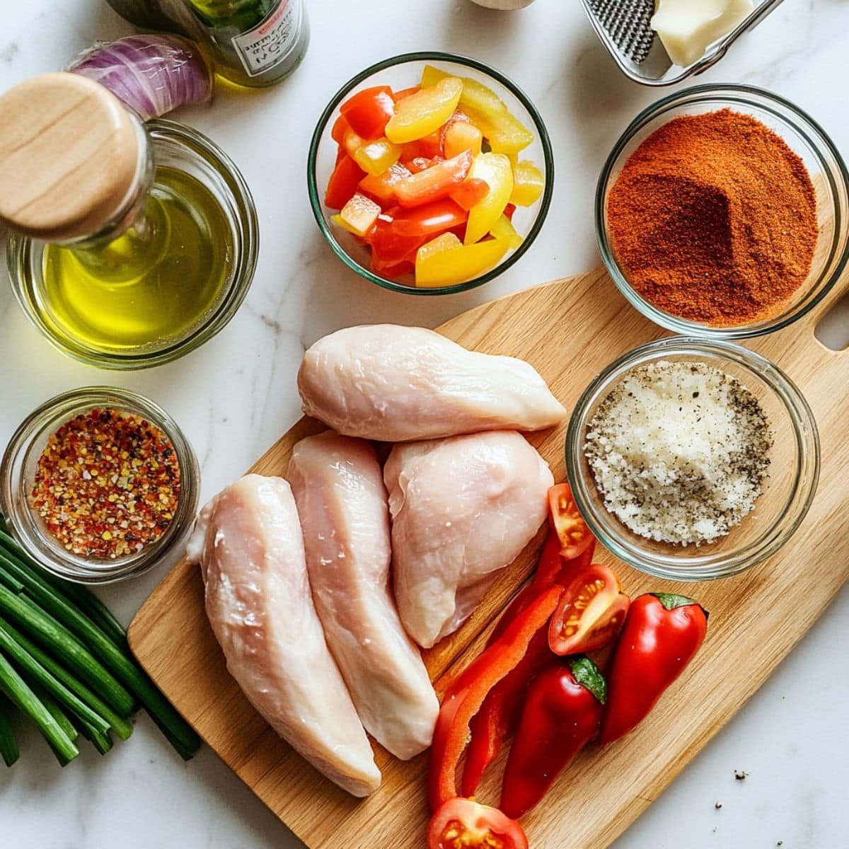 Cajun chicken pasta ingredients including chicken, spices, cream, veggies, and cheese on a white kitchen counter.