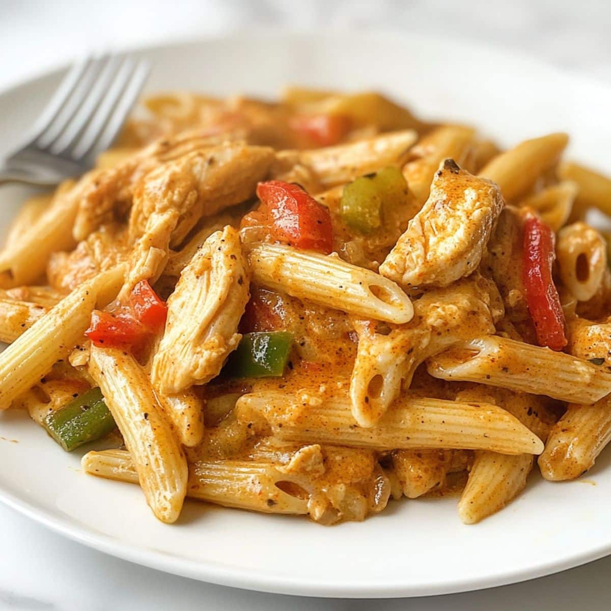 Close-up of Cajun chicken pasta with creamy sauce clinging to pasta and juicy chicken. Homemade and rustic on a white counter.