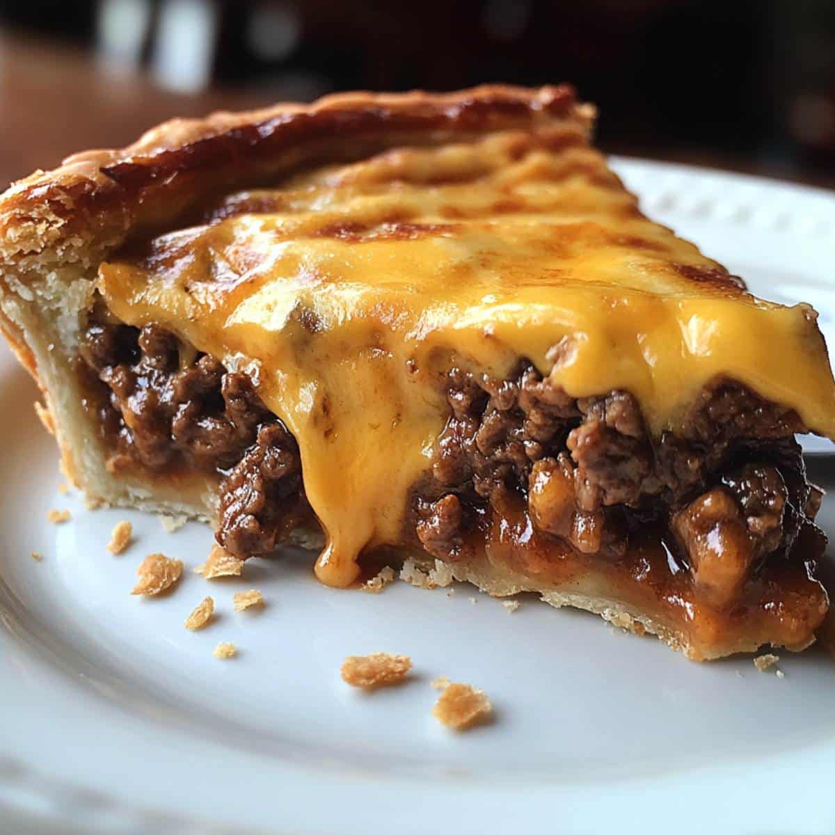 ne slice of cheeseburger pie on a white plate with beef and cheese visible. Simple, appetizing, and freshly served.