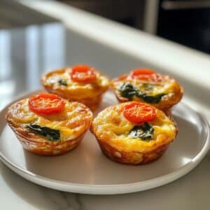 Four golden brown egg muffins with tomato and spinach on a white plate. Natural sunlight adds a homemade touch.