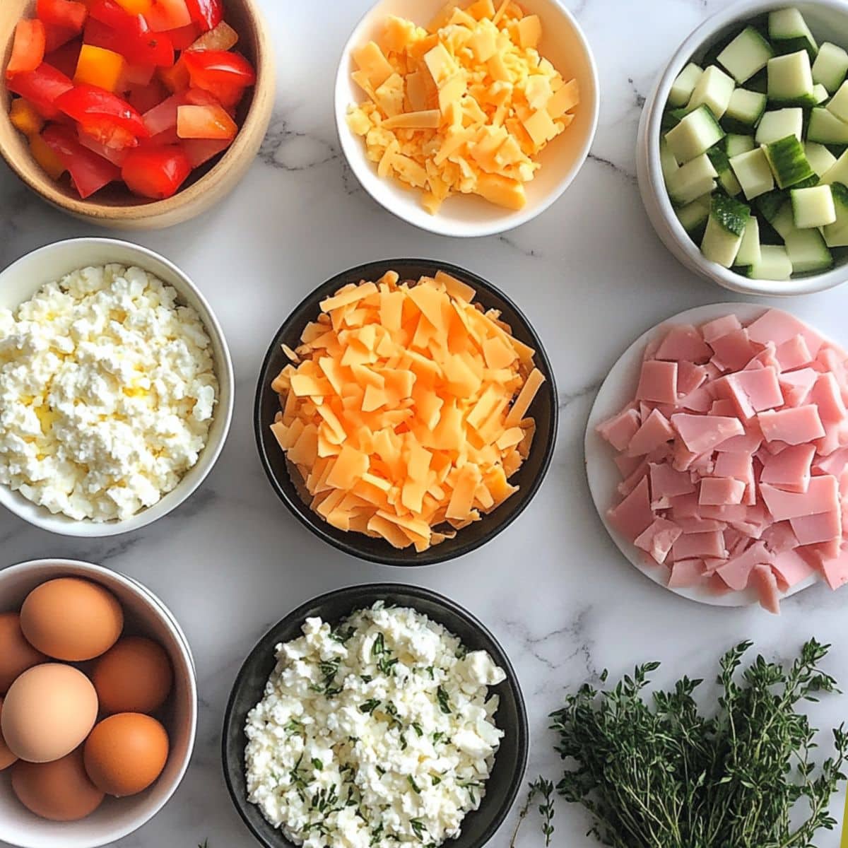 All ingredients for egg muffins shown on a white counter. Includes eggs, veggies, cheese, and herbs.