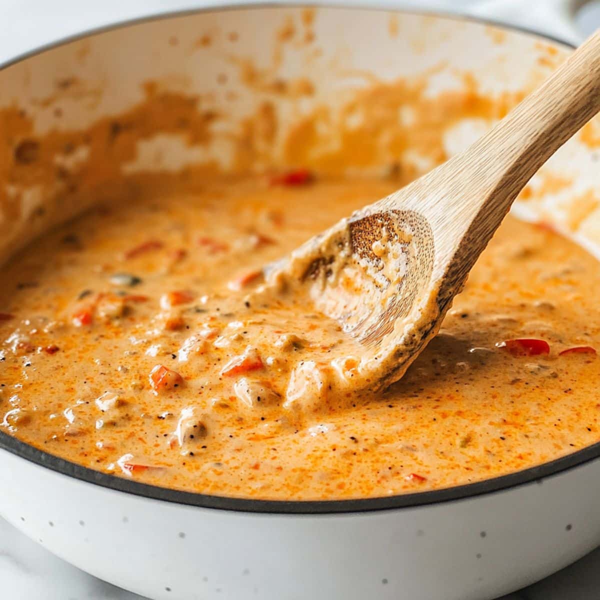 Creamy Cajun sauce with Parmesan and peppers bubbling in a skillet. Rich and spicy base for the pasta.