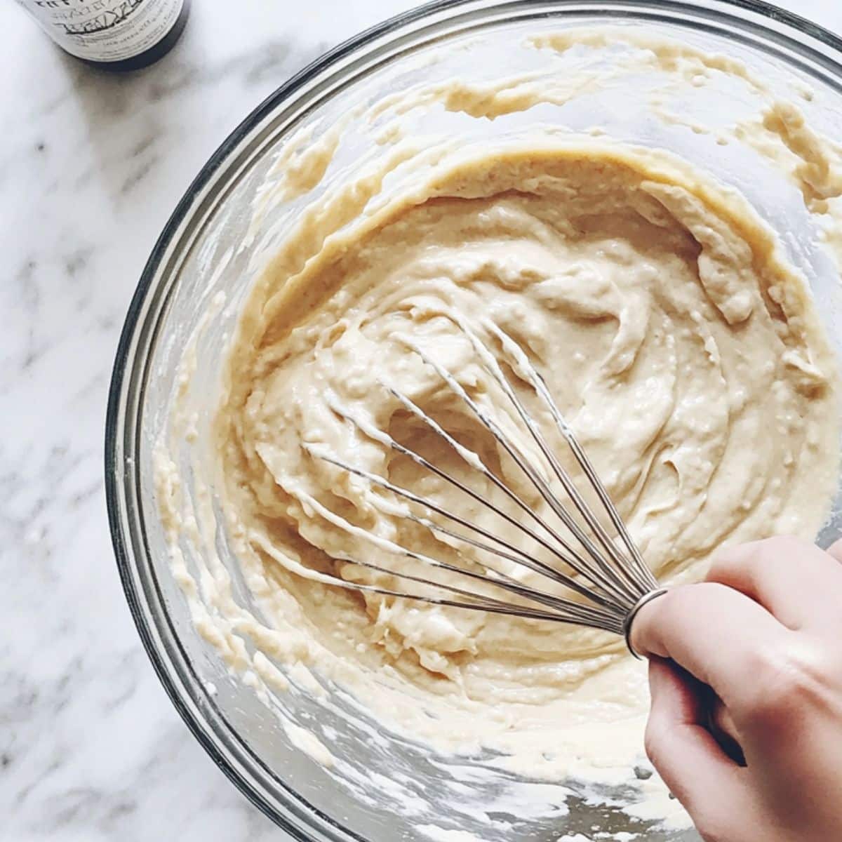 A person whisks waffle batter in a glass bowl surrounded by real baking mess. Homemade Krusteaz recipe scene on a white counter.