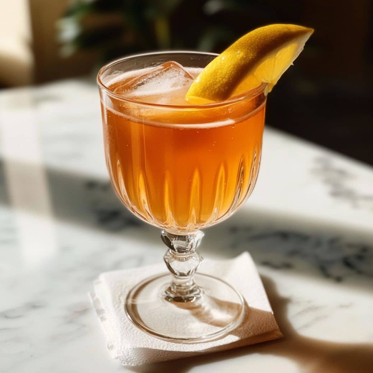 Paper Plane cocktail served in a vintage glass with ice and lemon wedge. Bright orange drink on a marble table in natural light.