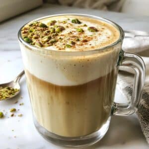 Homemade Pistachio latte Starbucks with crushed pistachio topping on white counter. Overhead iPhone photo in real kitchen.