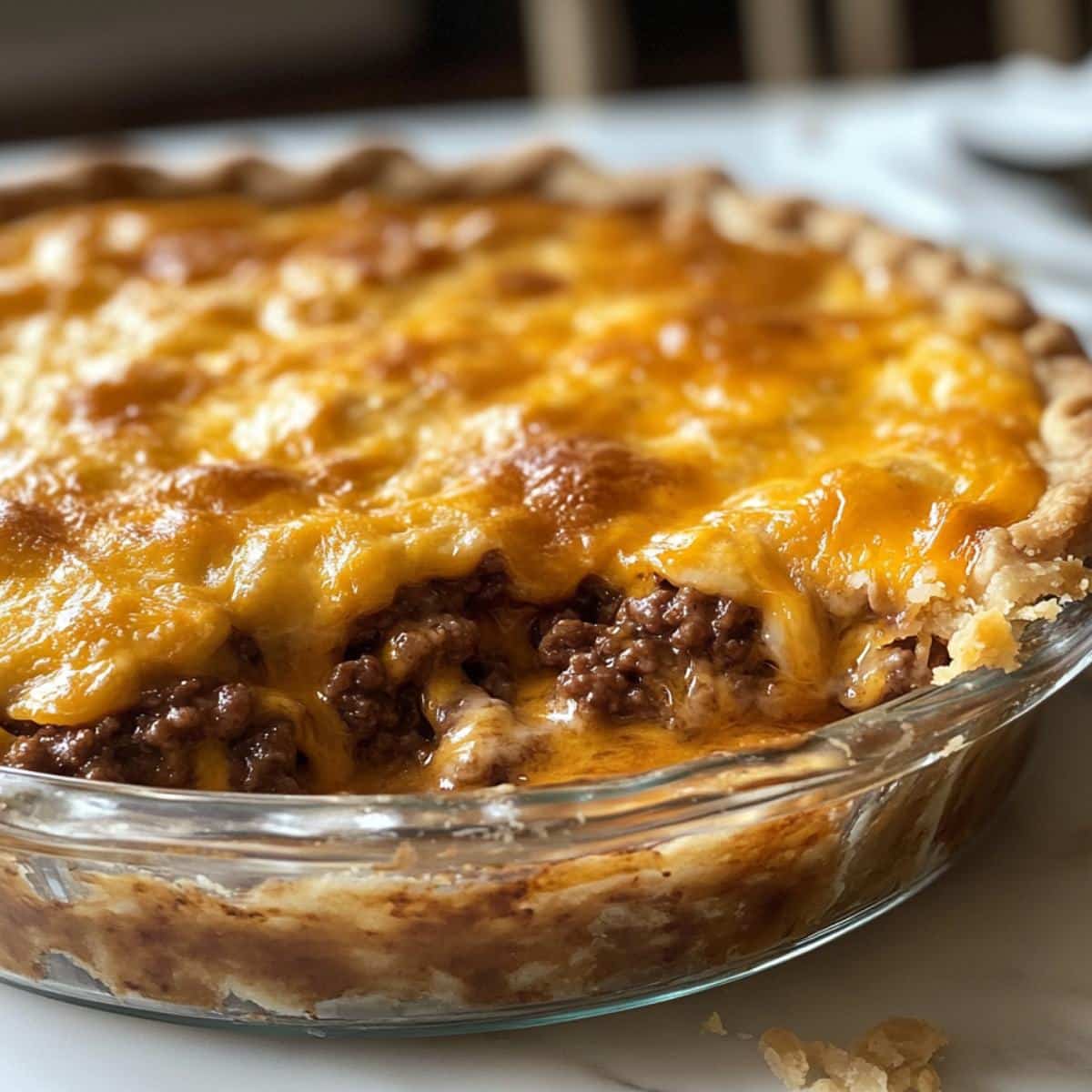 freshly baked cheeseburger pie with golden melted cheese in a glass dish on a white counter. Classic homemade comfort food look.