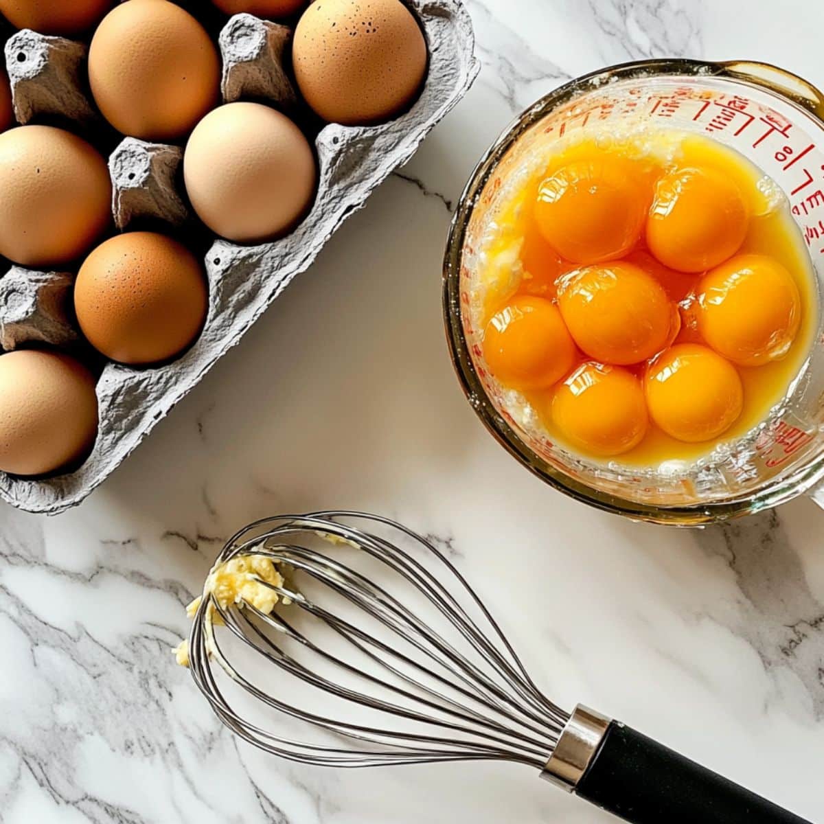 Overhead shot of cracked eggs in a glass measuring cup with whisk on marble counter. Brown egg carton beside.