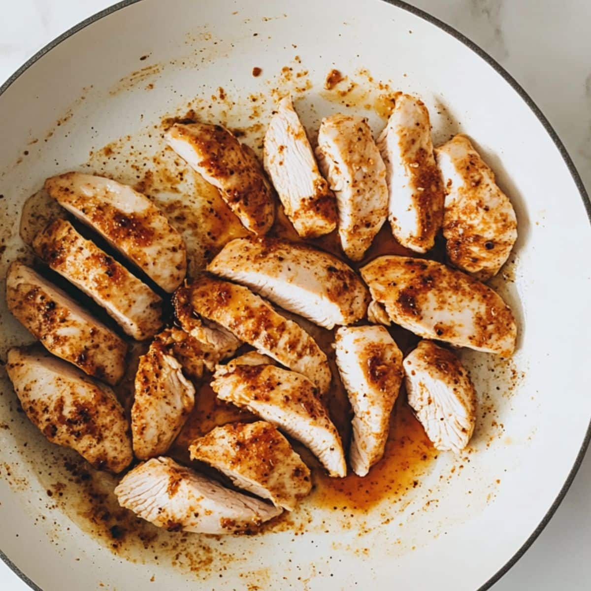 Cajun-spiced chicken strips searing in a white skillet. First step in making creamy Cajun chicken pasta.