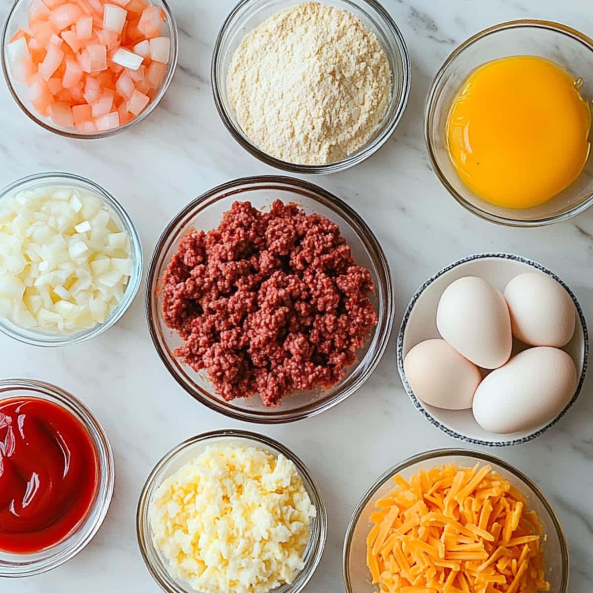 Raw ingredients for cheeseburger pie laid out in small bowls on a white counter. Homemade setup with a casual, real-life kitchen feel.