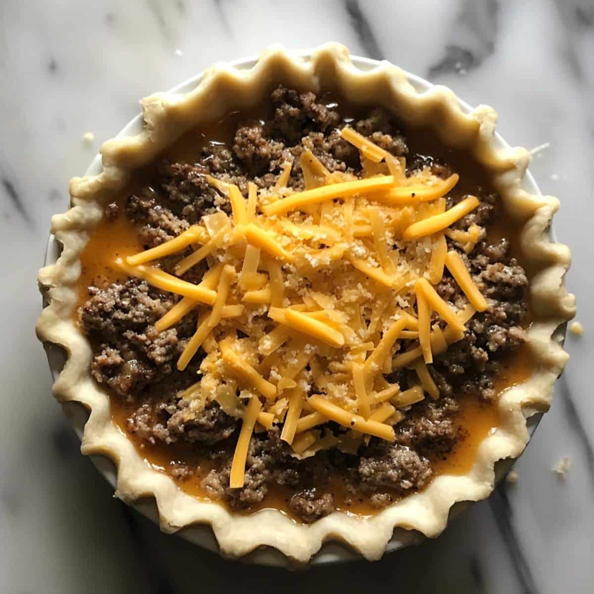 Unbaked cheeseburger pie with visible beef, cheese, and batter. Shot on a real kitchen counter just before going in the oven.