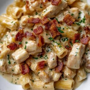 Plated chicken bacon ranch pasta with extra bacon and fresh herbs on a white kitchen counter.