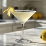 Homemade lemon drop martini with sugar rim and lemon twist on white counter. Casual, bright setting shot from overhead.