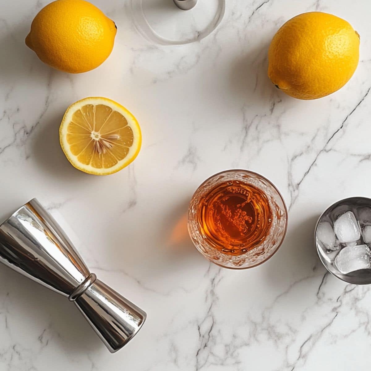 Flat lay of Paper Plane cocktail ingredients with jigger and shaker on white kitchen counter. Real, casual home-style setup.