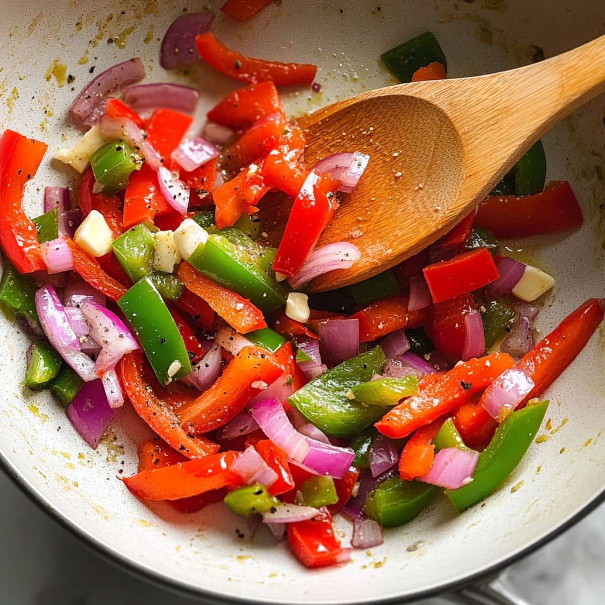 Red and green bell peppers with onions sautéing in butter and garlic. Building flavor for Cajun pasta sauce.