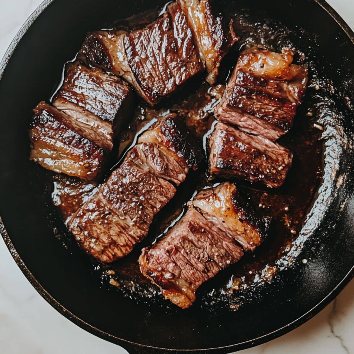 Chuck roast seared in skillet until browned on all sides. Creates flavor base for the French onion pot roast.