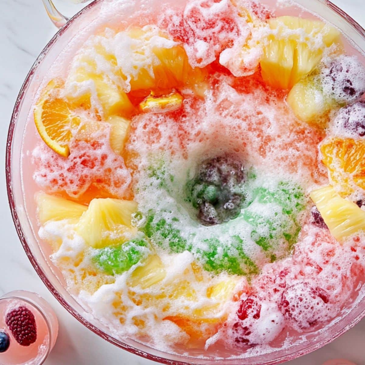 Fruit-filled ice ring in sherbet punch with fizzing soda. Includes pineapple, berries, orange slices, and rainbow sherbet.