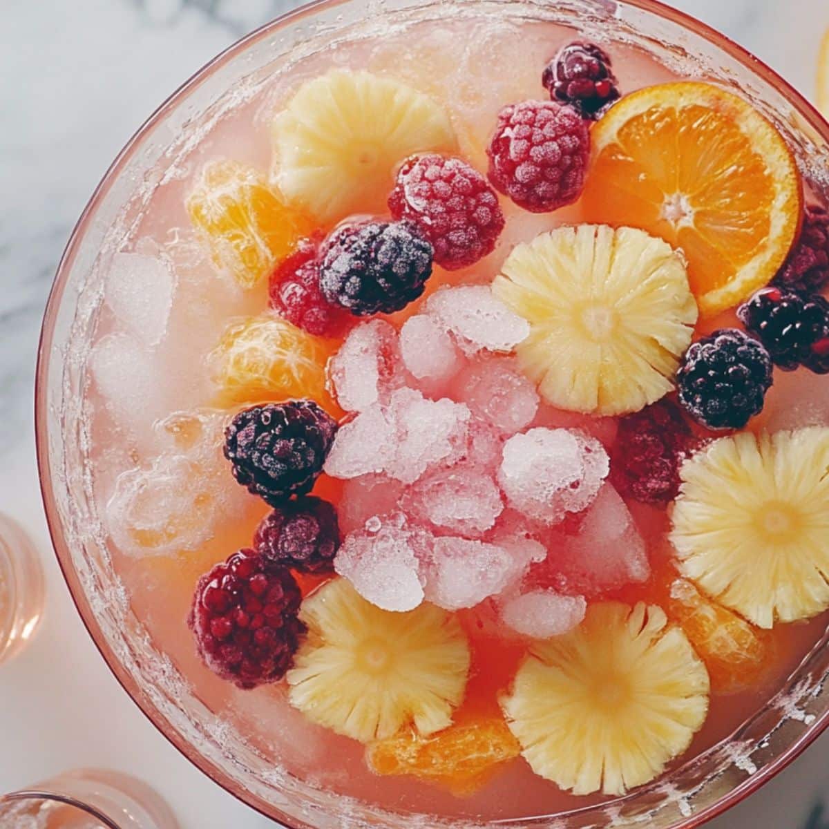 Fully assembled punch bowl: sherbet melted slightly into pink fizz, pineapple, orange slices, and berries visible. Served in small glasses nearby. Looks casual and party-ready.