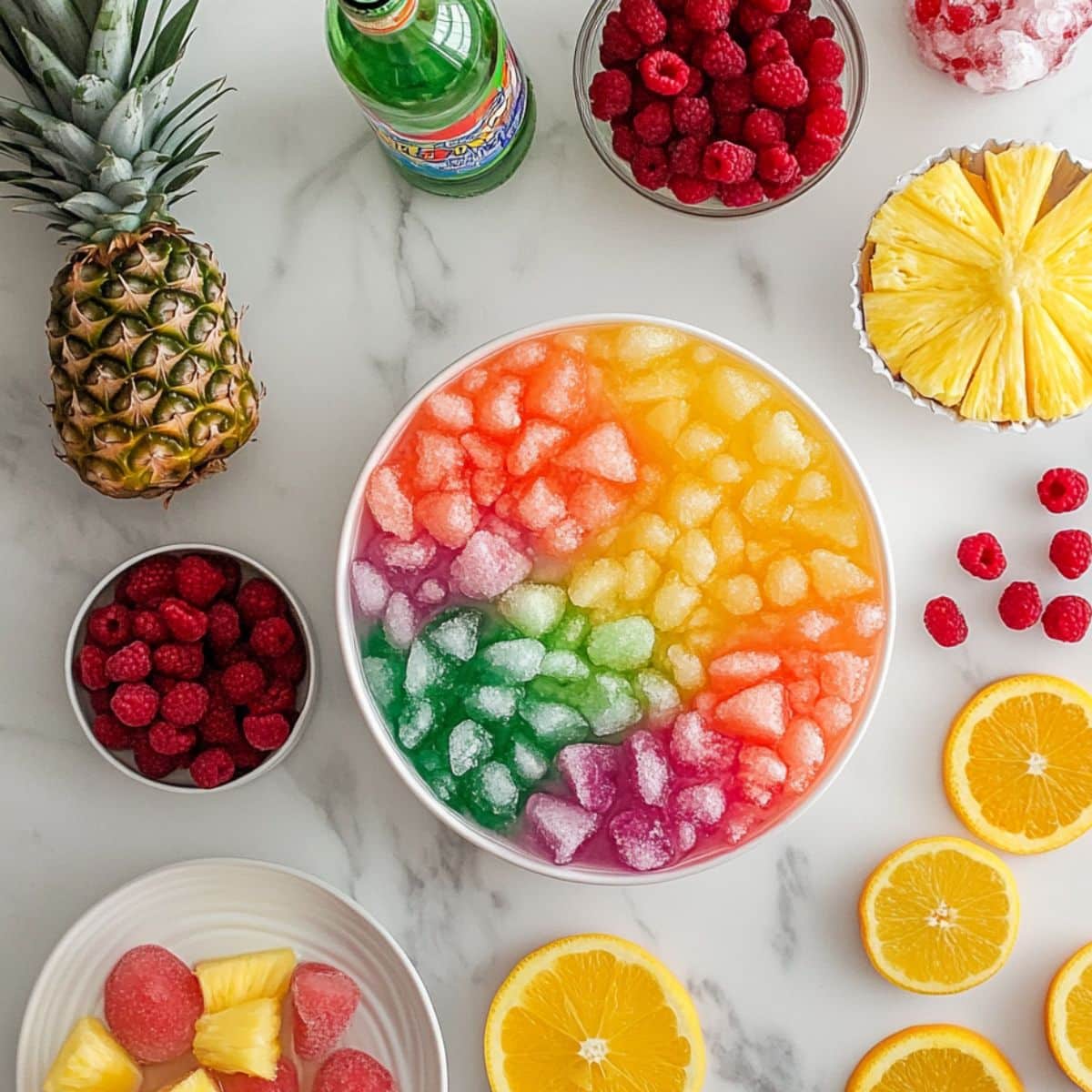 All ingredients for sherbet punch laid out on a white counter. Includes sherbet, soda, juice, berries, and ice ring.