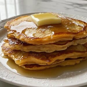 Stack of golden sweet potato pancakes with syrup and butter on a white plate. Overhead photo on a kitchen counter.