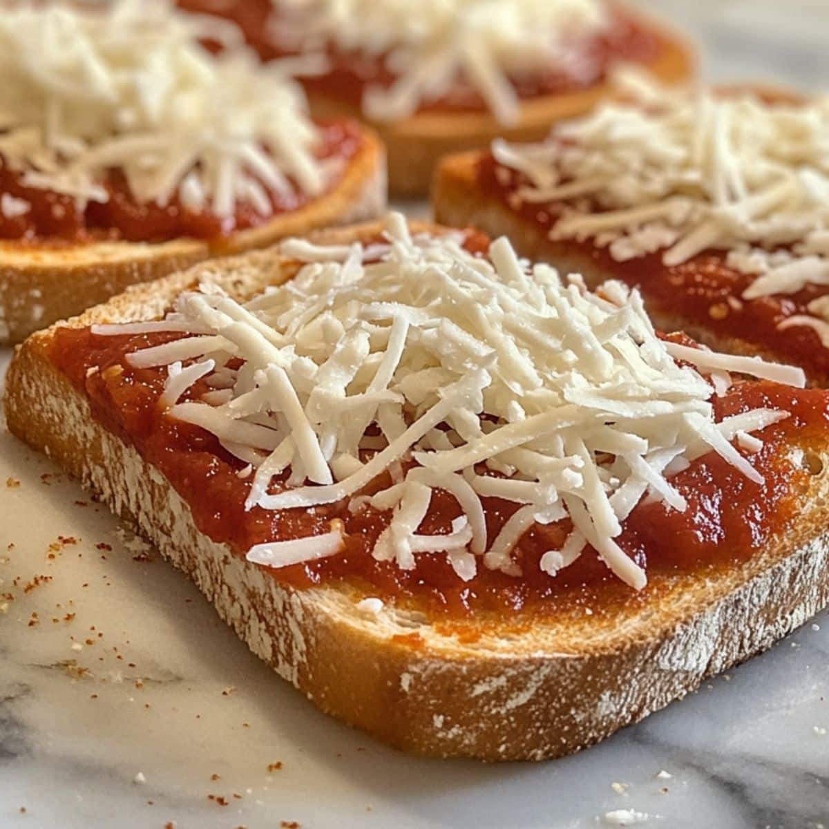Mozzarella and pizza sauce added to toasted Adding sauce and cheese to French bread pizza.