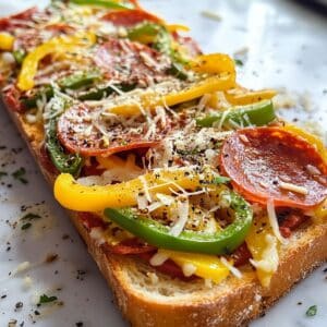 Pepperoni, bell peppers, and cheese being added to French bread pizza before baking.